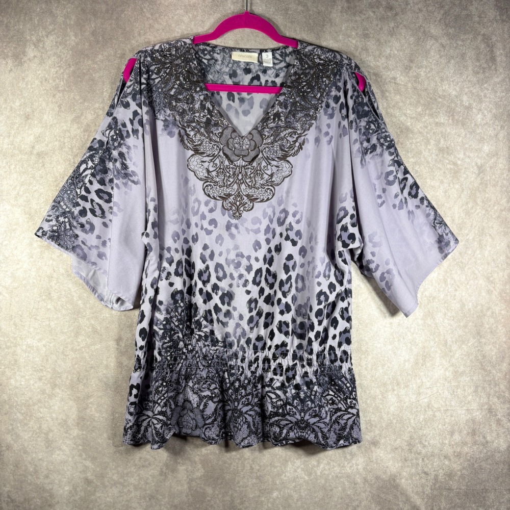 Chico's Blouse Women 3 US Large Purple‎ Leopard Cold Shoulder Beaded Boho Peplum